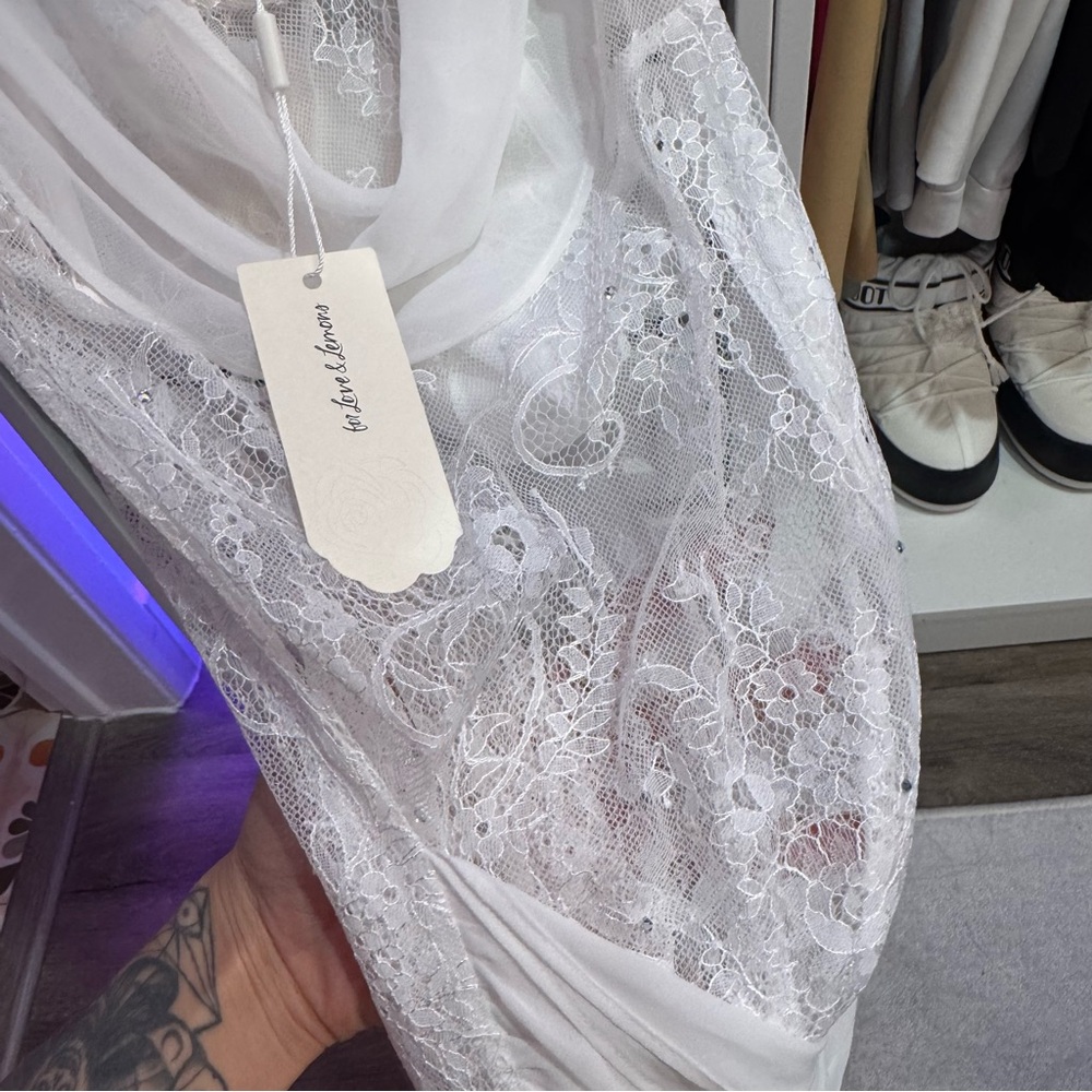 FOR LOVE & LEMONS Sonja Corset Draped Lace Rhinestone Bridal Mini Slip Dress - Picture 3 of 9